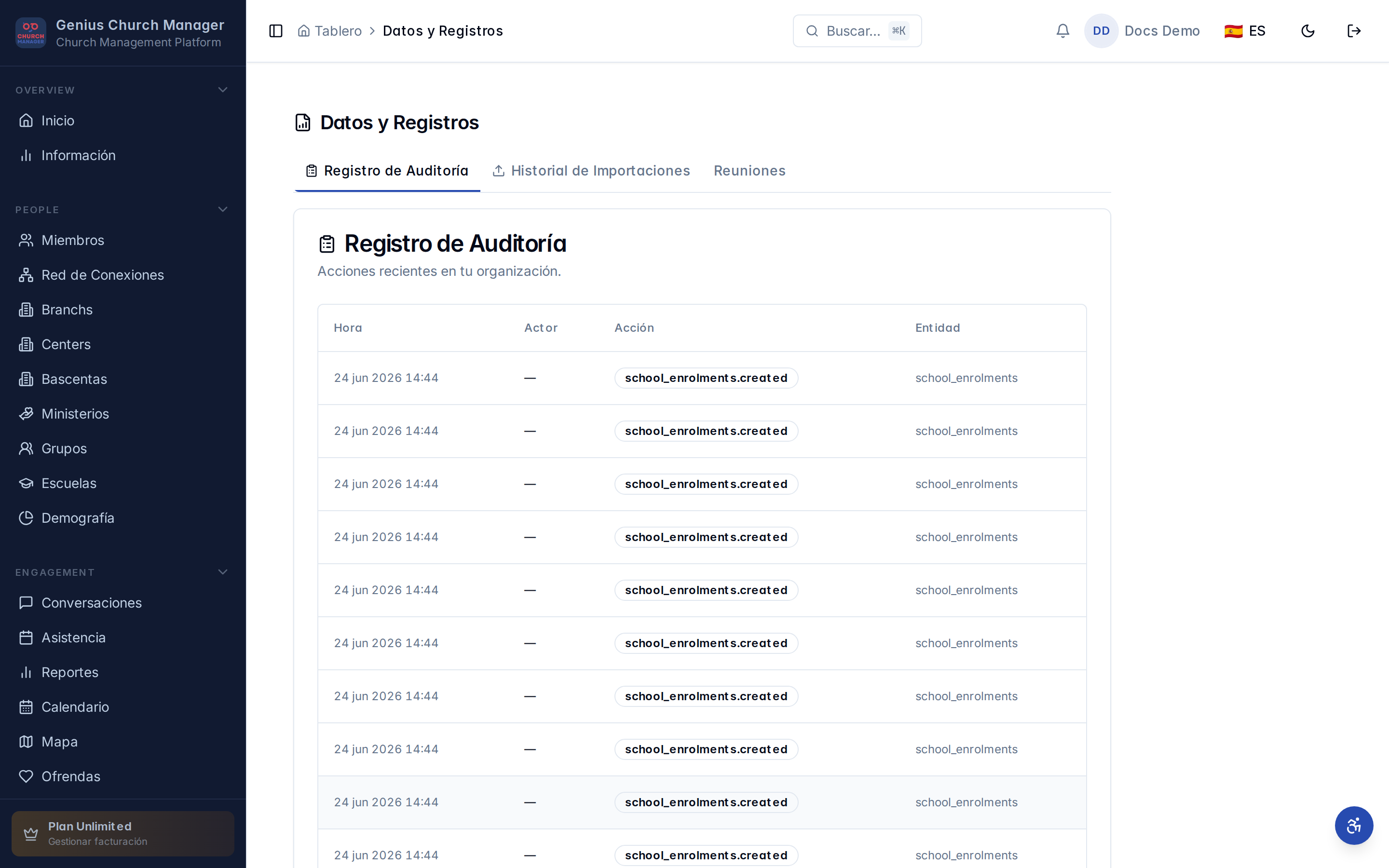 Página del registro de actividad con entradas y filtros