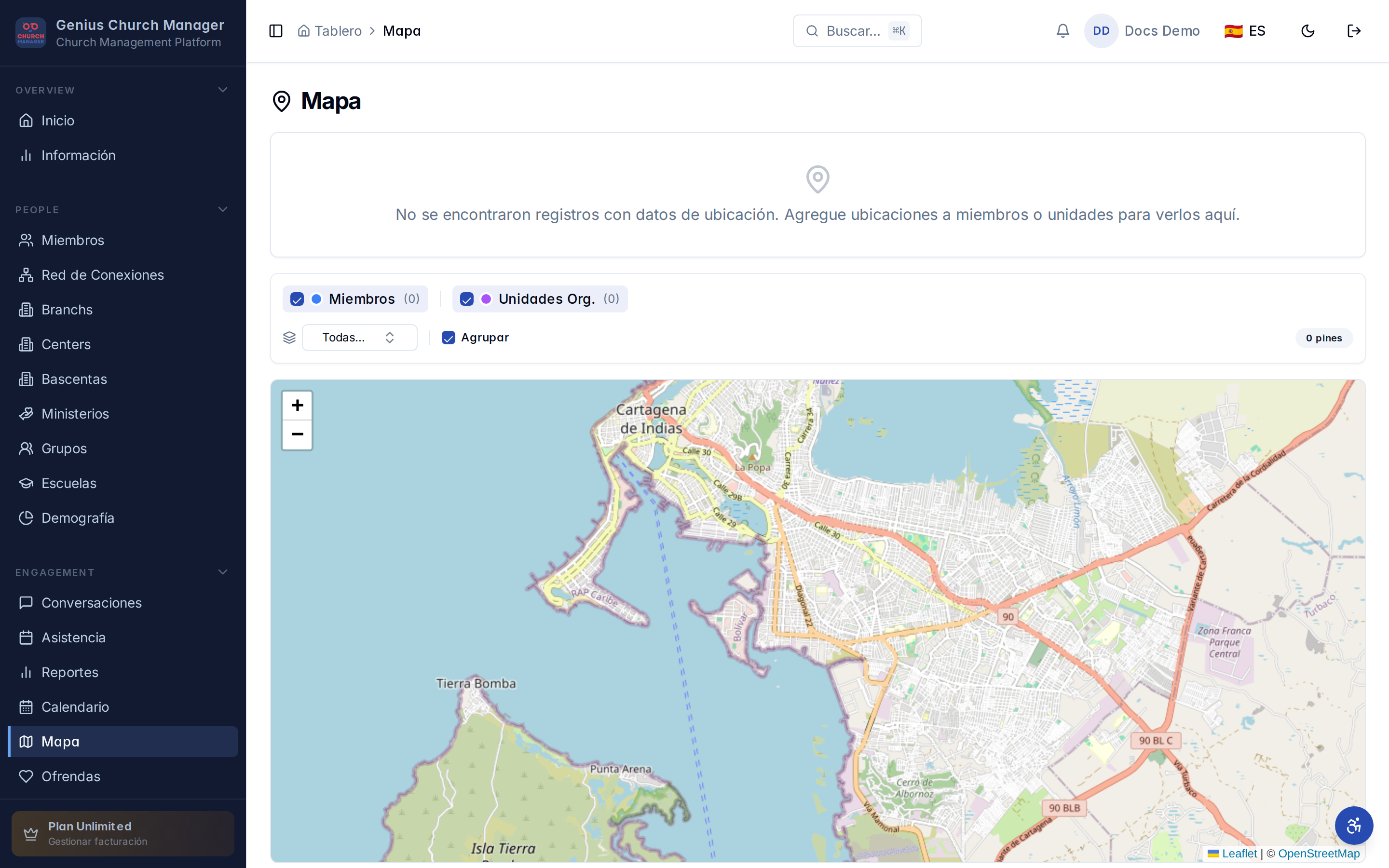 Unidades organizacionales en el mapa