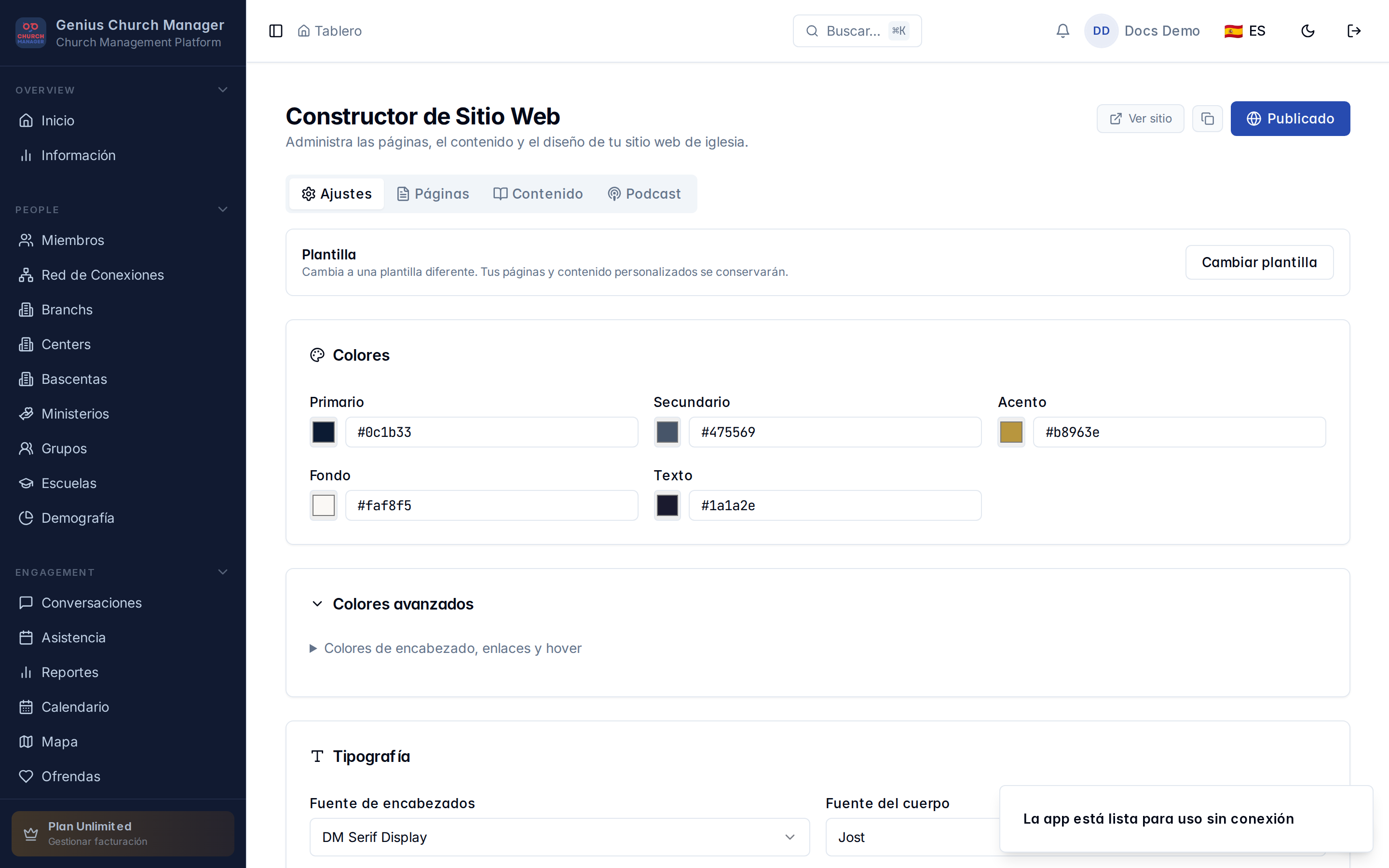 Página principal del Constructor de Sitios Web