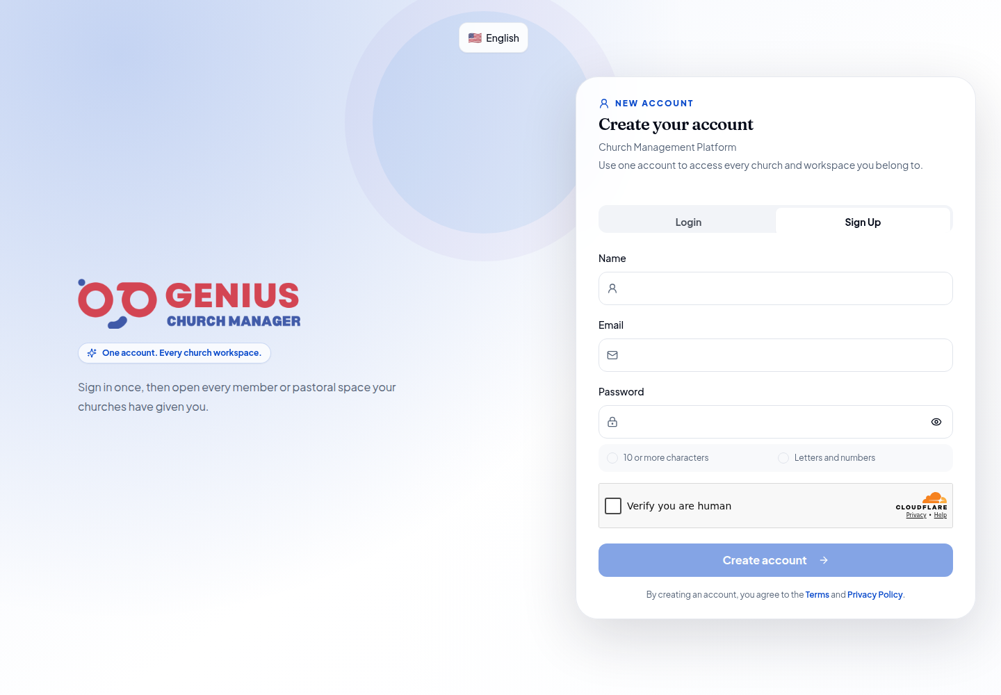 Cadastro de conta do Genius Church Manager